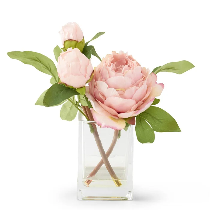 Pink Peony In Square Glass Vase