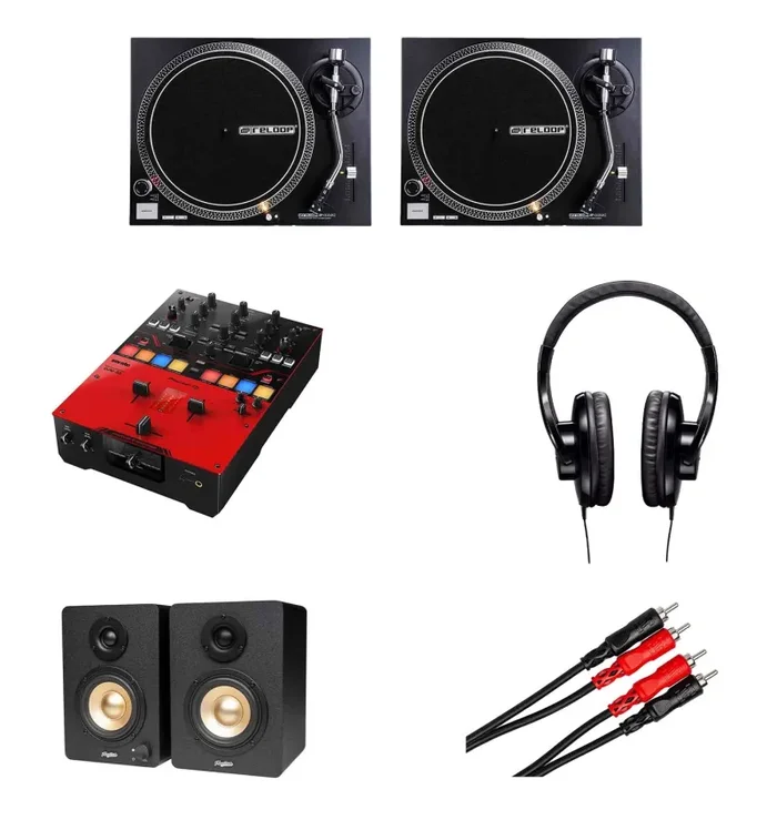 Pioneer DJMS5 2-Channel DJ Mixer Package with 2 Turntable System, Monitor, Cable and Headphones