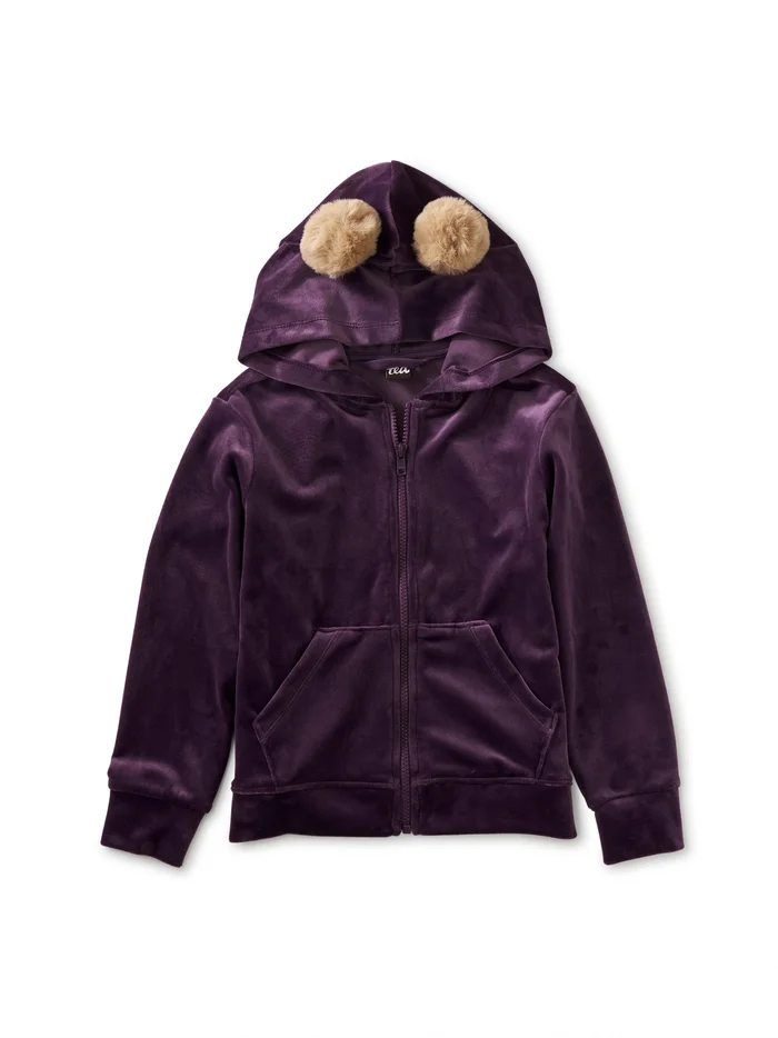 Pom Ear Velour Hoodie – Purple Punch