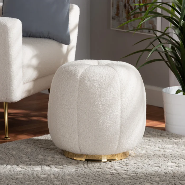 Raelynn Modern and Contemporary Ivory Boucle Upholstered and Gold Metal Ottoman