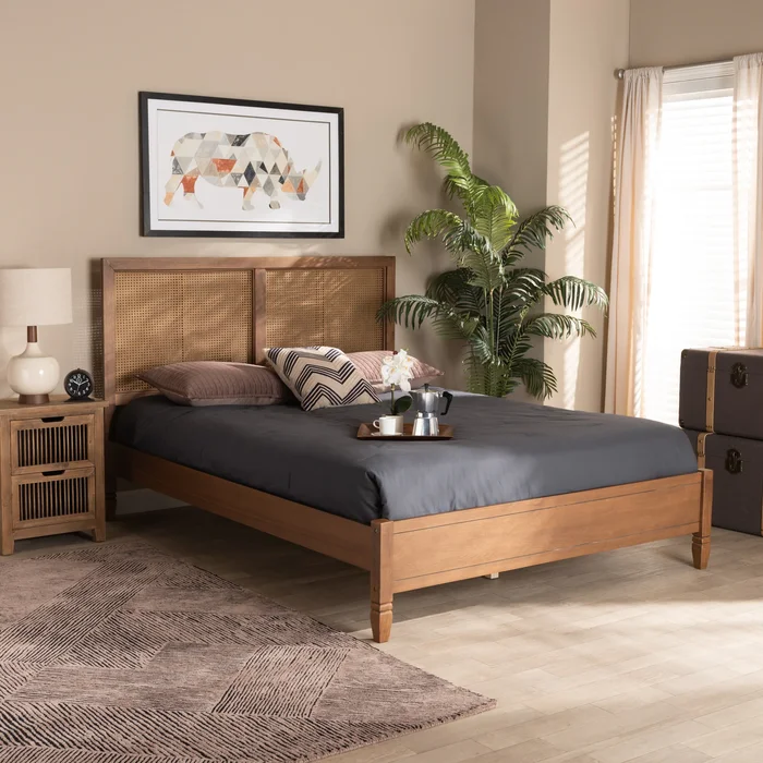 Redmond Walnut Wood and Synthetic Rattan Platform Bed