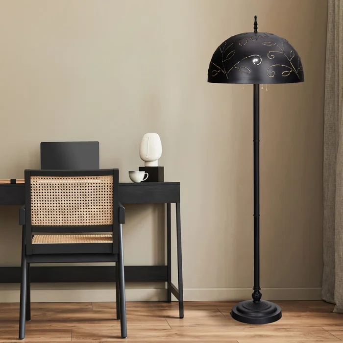 Riya River of Goods Black and Gold Metal 3-Light Candlestick 65.25-Inch Floor Lamp with Bowl Shade – 20″ x 20″ x 65.25″