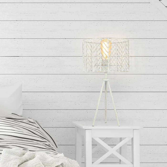 Roisin River of Goods White Metal Cage-Shade 18.5-Inch Tripod-Base Accent Lamp – 10.125″ x 10.125″ x 18.5″