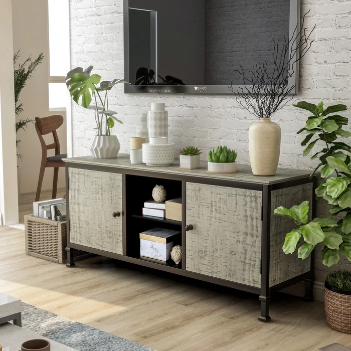 Romana Transitional Grey Metal Multi-functional Storage TV Console by Furniture of America