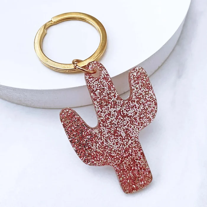 Rose Gold Glitter Acrylic Cactus Keyring