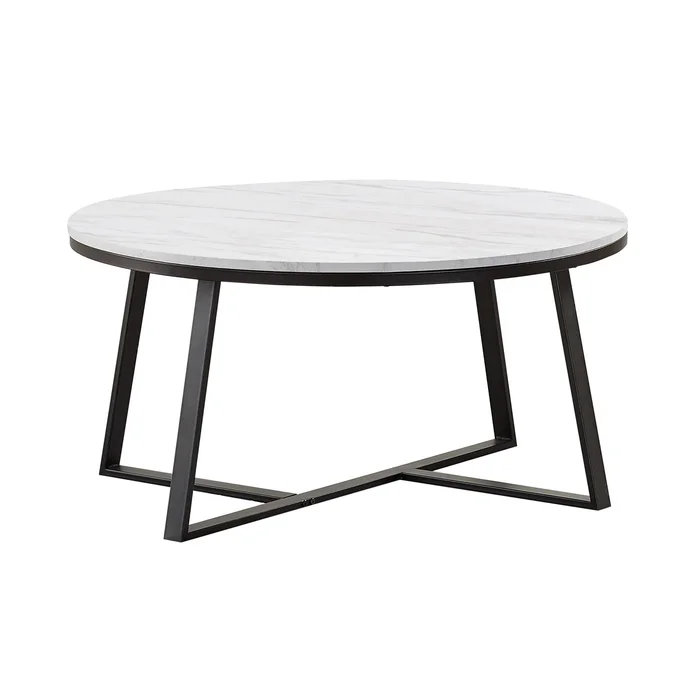 Round Faux Marble Coffee Table with Metal Base in White and Matte Black