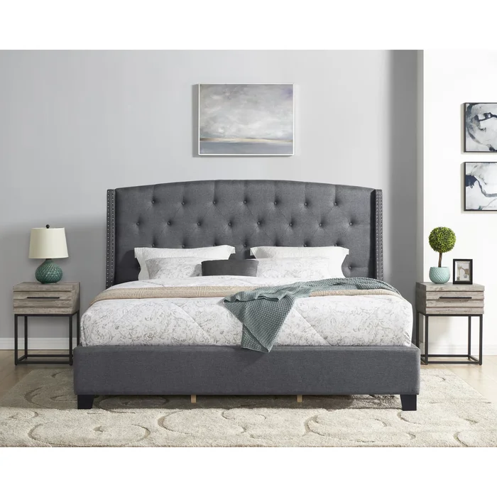Roundhill Furniture Belize 3-Piece Upholstered Bedroom Set Tufted Wingback Bed with Two Nightstands