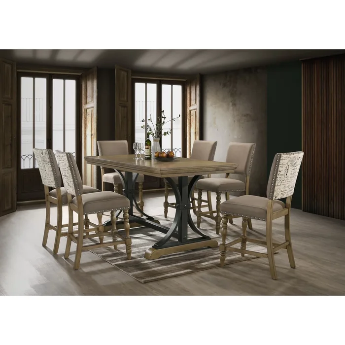 Roundhill Furniture Birmingham 7-piece Driftwood Finish Table with Nail Head Chairs Counter Height Dining Set