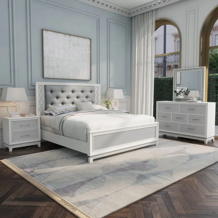 Roundhill Furniture Galaxy 4-Piece Bedroom Set with LED Lights in Pearlized White