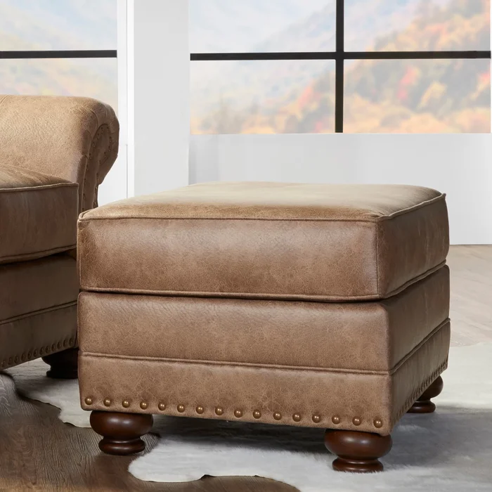 Roundhill Furniture Leinster Fabric Ottoman with Antique Bronze Nailheads in Jetson Ginger