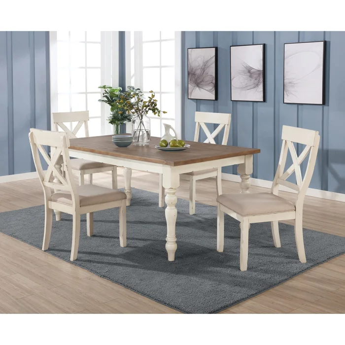 Roundhill Furniture Prato 5-piece Dining Table Set With Cross Back Chairs, Antique White and Distressed Oak