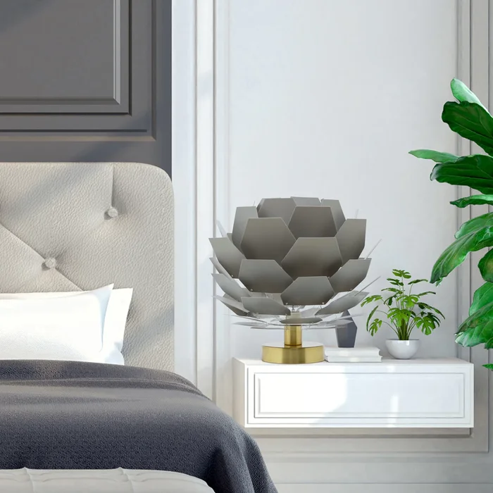 Rowena River of Goods Gray and Brushed Gold Lotus 11-Inch Table Lamp – 11.5″ x 11.5″ x 11″