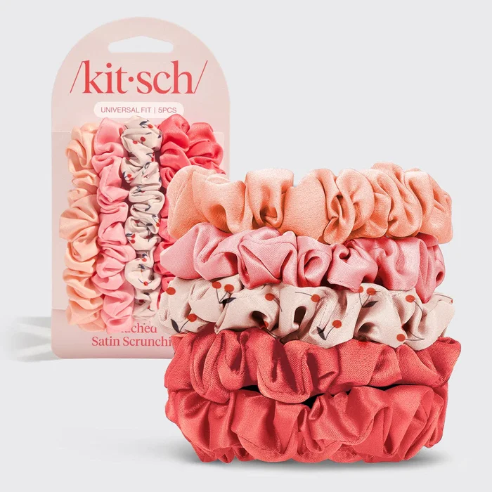 Ruched Satin Scrunchies 5pc Set – Assorted Cherry Blossom