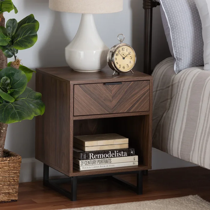 Sadia Modern Walnut Brown Finished Wood and Black Metal 1-Drawer End Table