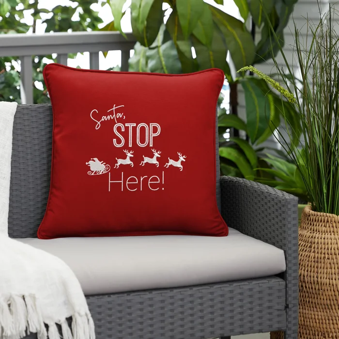 Santa Stop Here Sunbrella Canvas Jockey Red Indoor/ Outdoor Pillow