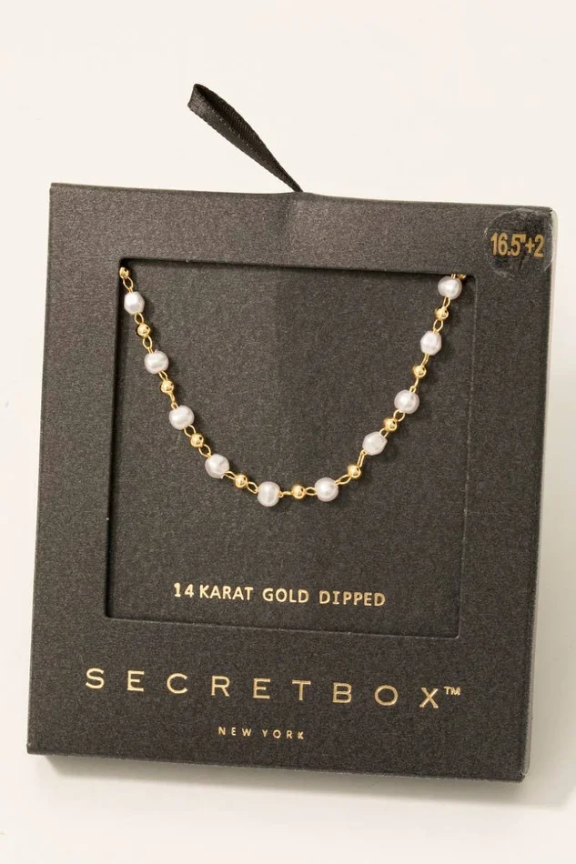 Secret Box Gold Dipped Secret Box Pearl Bead Chain Necklace: Gold