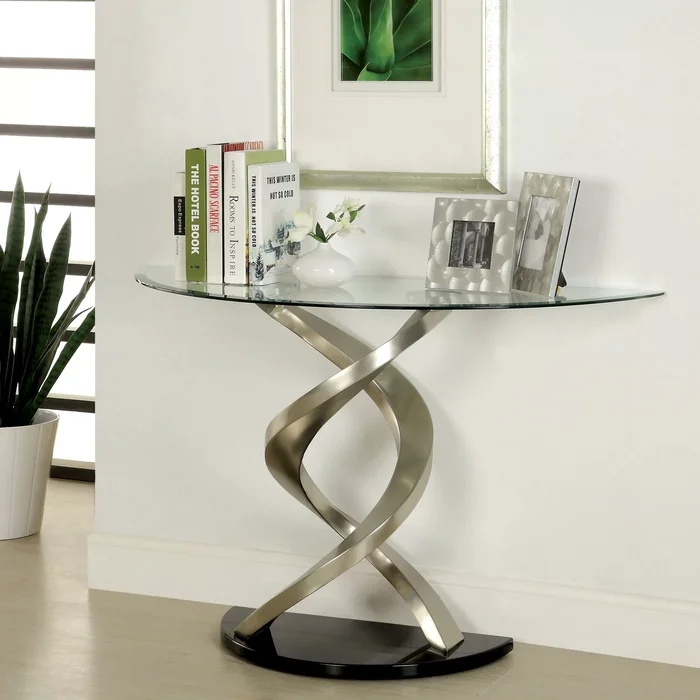 Sele Contemporary Silver 45-inch Glass Top Half-moon Sofa Table by Furniture of America