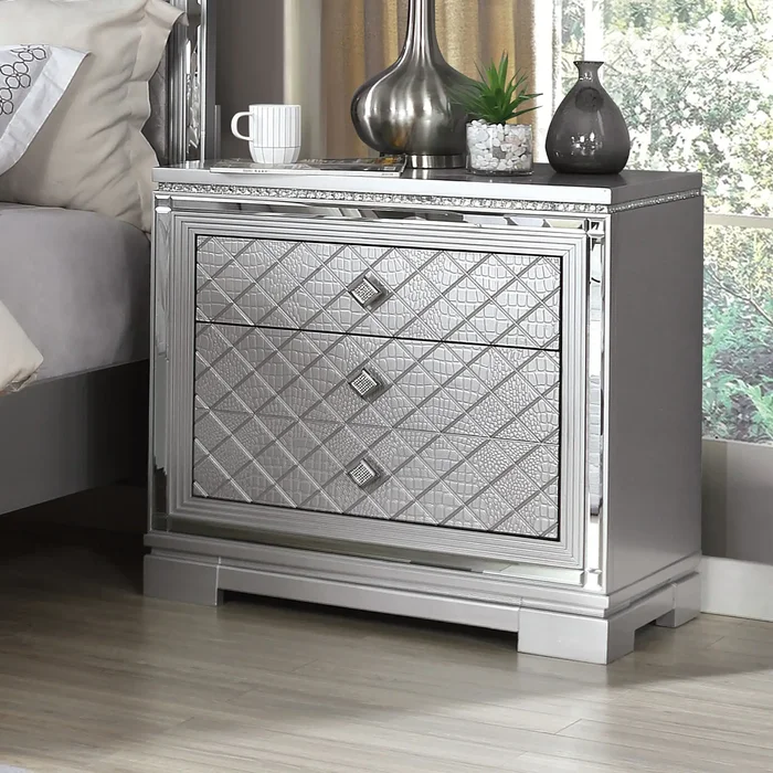 Seleena Glam Silver Wood 3-Drawer Nightstand with USB Charger by Furniture of America