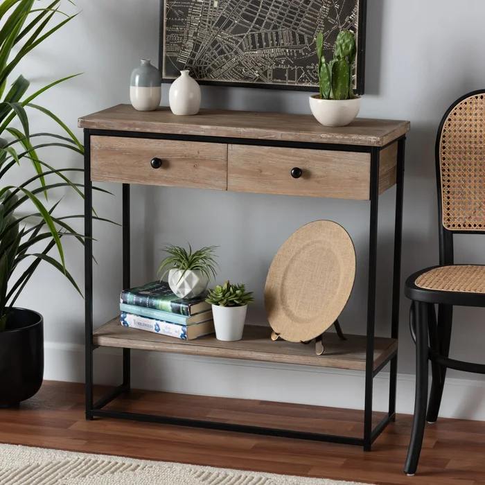 Silas Modern Industrial Natural Brown Finished Wood and Black Metal 2-Drawer Console Table