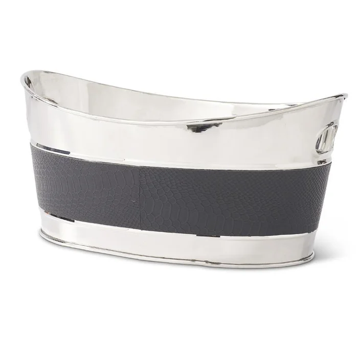 Silver With Black Leather 15″ Oval Ice Bucket