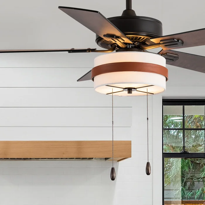 Sindel River of Goods Ivory Oil-Rubbed Bronze and Metal Fabric Ceiling Fan with Light – 42″ x 42″ x 13″/18″