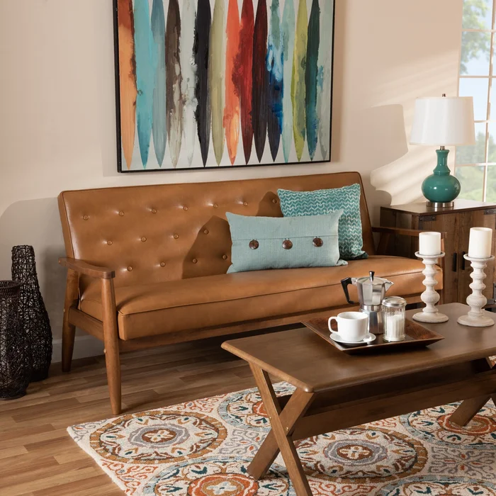 Sorrento Tan Faux Leather and Walnut Finished Wood Sofa