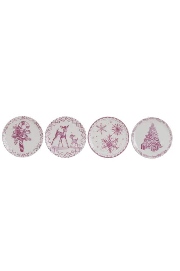 Stoneware Plate w/ Holiday Image, Pink & Cream Color S/4