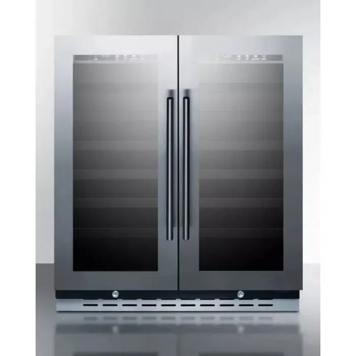 Summit SWC3066B 30 Inch Built-In Dual Zone Wine Cellar with 66 Bottle Capacity, Wooden Shelves, Glass Door, LED Lighting, Digital Thermostats, Automatic Defrost, and ETL-S listed