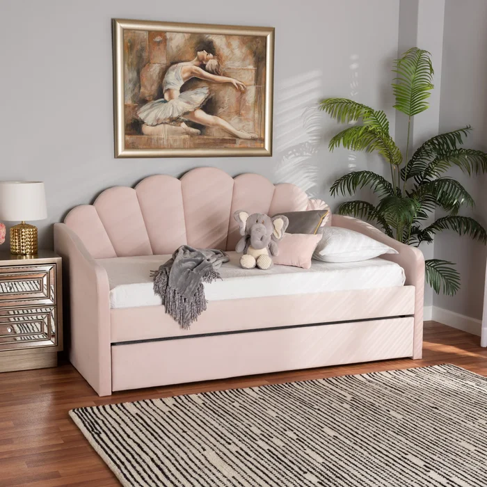 Timila Modern Velvet Upholstered Daybed with Trundle-Light Pink