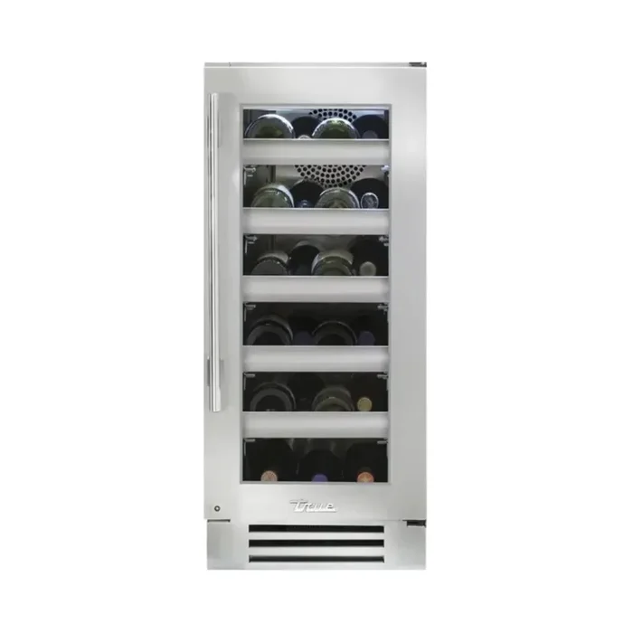 True Residential TWC15RSGC 15 Inch Undercounter Single Zone Wine Cooler with 23 Bottle Capacity, 5 Glide-Out Racks, 1 Floor Cradle, TruLumina® LED Lighting, True Precision Control®, Temperature Range 40˚F – 65˚F, and UL Rated: Stainless Glass, Right Hinge