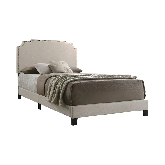 Upholstered Bed with Nailhead Trim in Beige