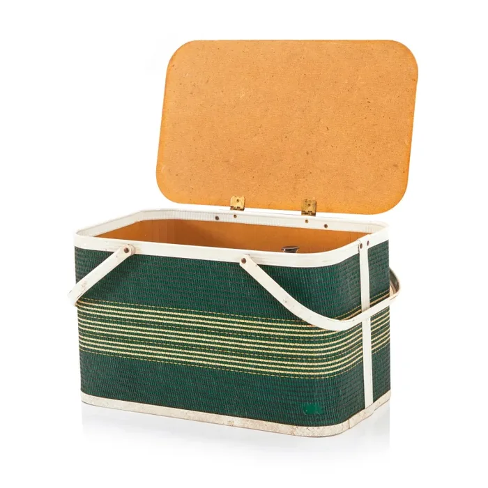 Vintage Green and Yellow Striped Picnic Basket Discount