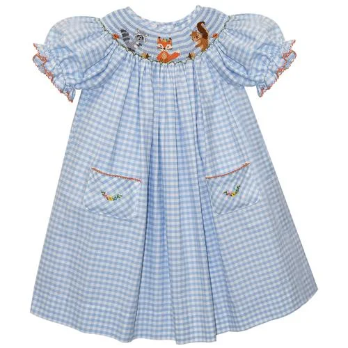 Vive La Fete Basic Geometric Smocked Light Blue Checked Bishop Dress/Hat