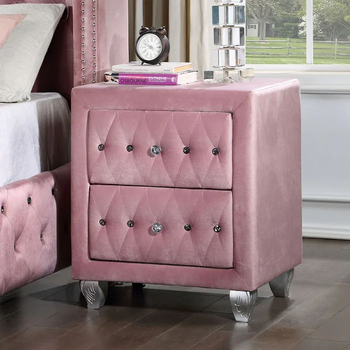 Vyvi Glam Pink Fabric Upholstered 2-Drawer Nightstand by Furniture of America