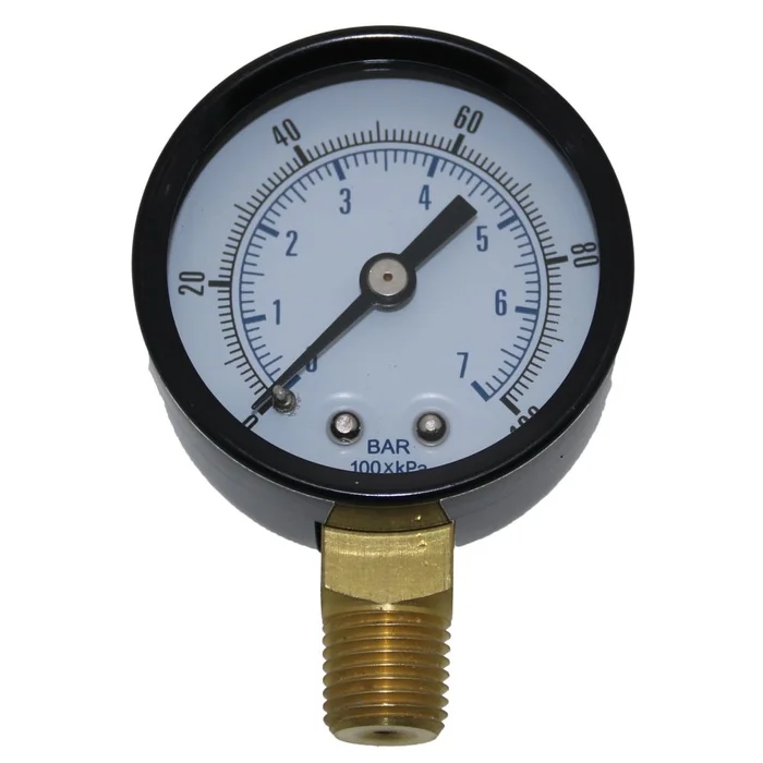 Water Pressure Gauge 100 PSI, 1/4″ MPT, 2.0″ Glass Dial , Lower Mount, Black Steel Case
