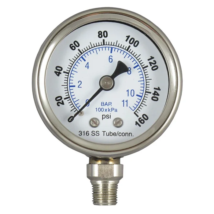 Water Pressure Gauge 160 PSI, 1/4″ MPT, 2.5″ Glass Dial, Lower Mount, SS Case