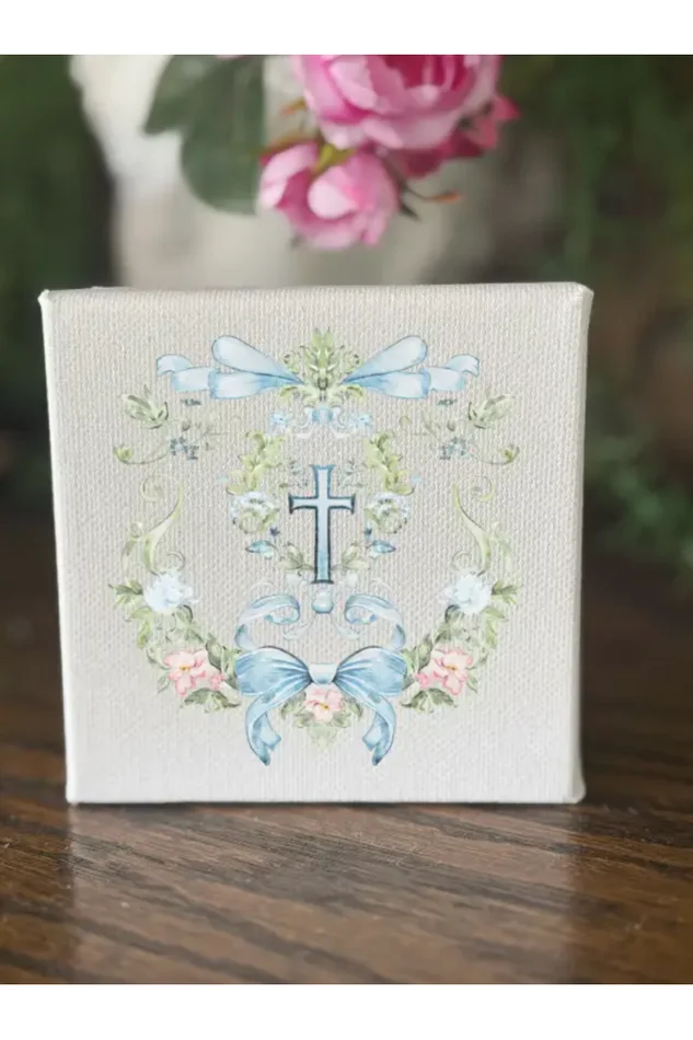 WATERCOLOR BAPTISM CROSS FLORAL CREST 4X4 CANVAS