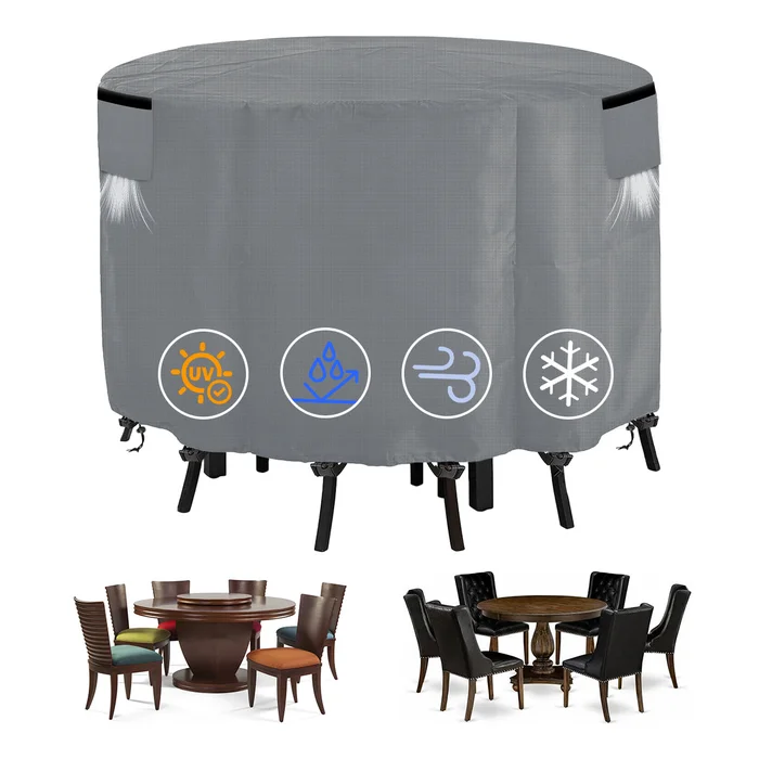Waterproof Round Patio Table and Chairs Cover, 210T Taffeta Windproof patio furniture covers round, Tear-Resistant patio table covers for outdoor furniture with handle(Gray)