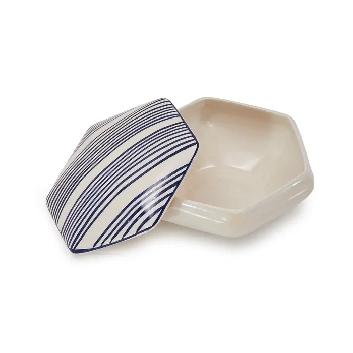White Ceramic Ashtray with Blue Stripes