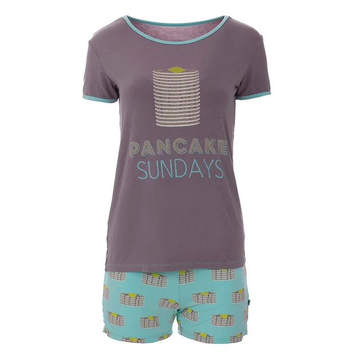 Women’s 2 Piece Pajama Set with Shorts (Short Sleeve) – Summer Sky Pancakes