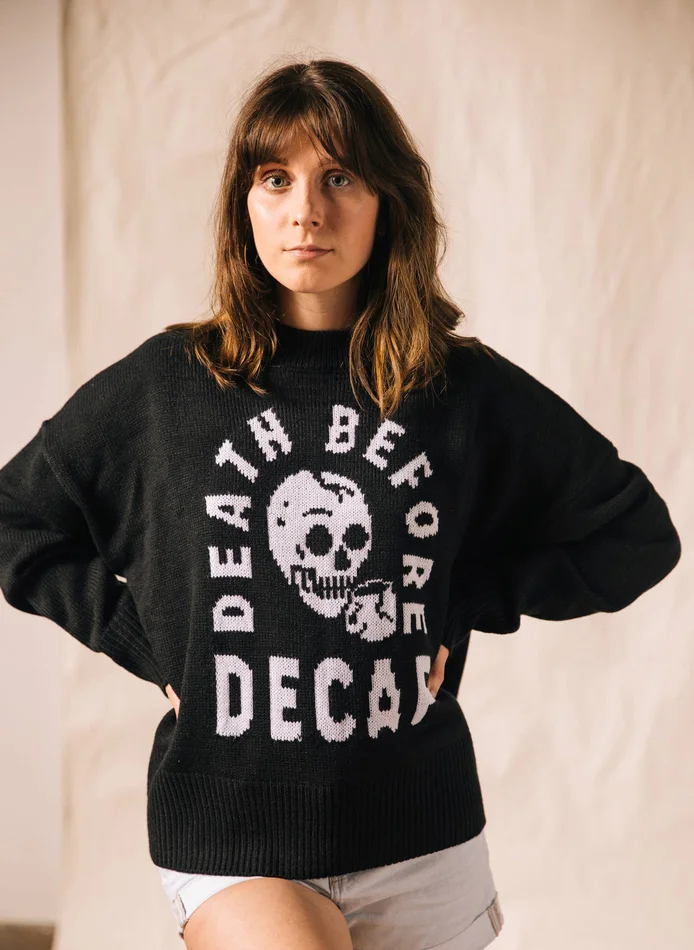 Women’s Knit Pullover Sweater – Death Before Decaf