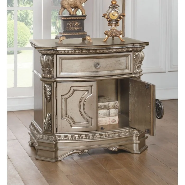Wooden Nightstand with a Drawer in Antique Champagne