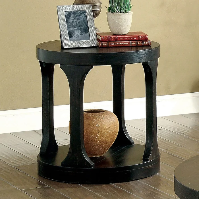 Wooden Round End Table with Open Shelf in Antique Black