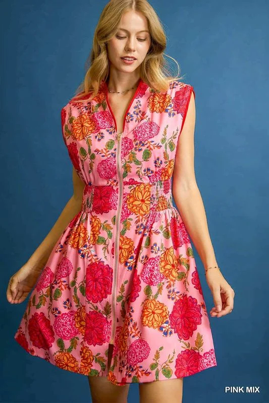 Zip-Front Floral Cinch Waist Dress